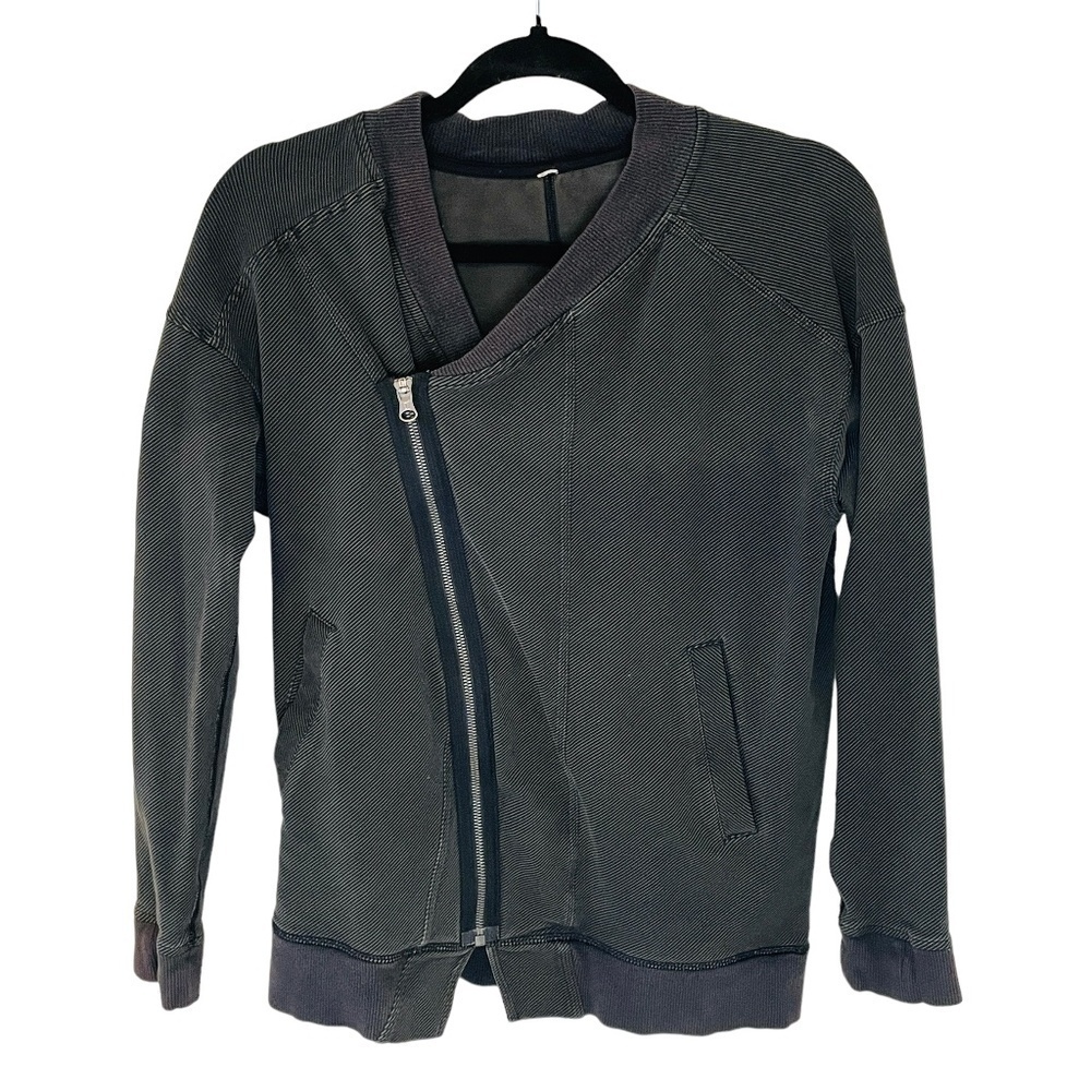 Lululemon Black Asymmetric Striped Moto Jacket SZ Medium - Picture 2 of 10